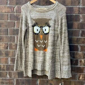 Democracy Womens Owl Sweater Size S Brown Beige Crew Neck‎ Long Sleeve Knit